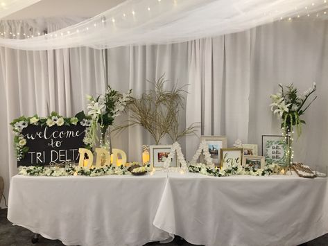 Tri delta pref round Sorority Table Decorations, Preference Round Decor, Pref Round Decorations, Pref Night Sorority Recruitment, Recruitment Table Display, Sorority Tabling Ideas, Founders Day Sorority Ideas, Sorority Preference Round, Sorority Table Display