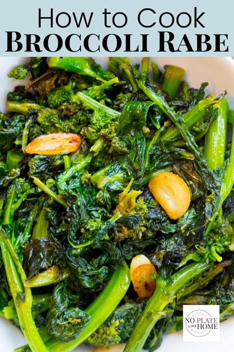 Learn how to cook (sautee) broccoli rabe on your stove with this garlic-flavored Sauteed Broccoli Rabe (a.k.a. rapini) recipe. It's the the best! I'll show you how to clean and cook the rapini in EVOO, garlic, lemon juice and crushed red pepper (optional.) Make it as spicy (or not at all) as you like. This an EASY, delicious family recipe is passed down from my Italian grandmother who lived in southern Italy. Low-carb, vegetarian, Vegan and gluten-free. Click the link to get the recipe! How To Cook Rapini, Italian Rapini Recipe, Broccolini Rabe Recipe, Recipes With Broccoli Rabe, Italian Broccoli Rabe, Brocoli Rabe Recipe, Broccoli Rapini Recipes, Broccoli Rabe Recipes Sauteed, How To Cook Broccoli Rabe