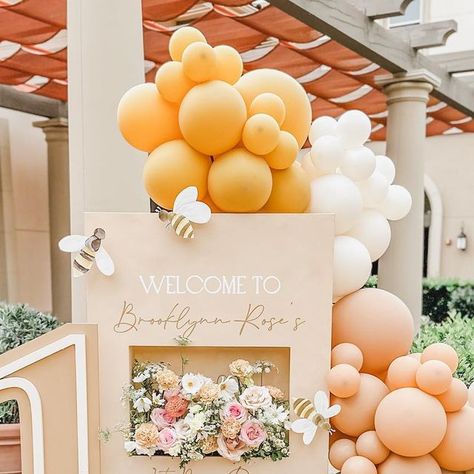 BALLOONS & RENTALS | Event Designer on Instagram: "And here’s to the last photos of Brooklynn’s beautiful 1st Bee day 🐝✨  Mock-ups coming up but we’ve been swamped with work so hopefully tonight so we can move onto the next event.   What a beauty she was. This was the first time we tried lime washing our backdrops and loved how elegant it looked. The venue itself was the perfect backdrop that really elevated this design. Doesn’t it look like a historic piece 😆? We chose to use single colored balloons instead of premium, double stuffed balloons to allow more funds into the design and customization.   Our amazing client @itskaykae did the entire planning work, design and settings for all tables, dessert displays and layout of the venue! The party was so beautifully decorated!  For our area Bee Table Setting, Daisy Gender Reveal, Double Stuffed Balloons, Plan Party, Bee Themed Birthday, Mama To Bee, Favor Display, Bee Themed Birthday Party, 1st Bee Day