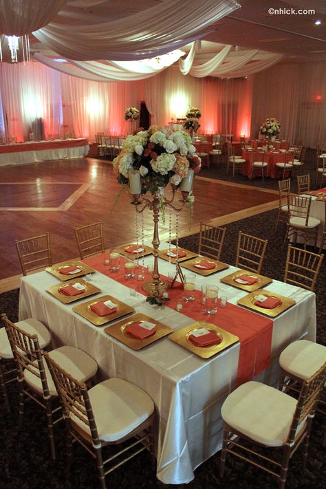 Table setting example Quinceanera Decor, Coral Wedding Decorations, Gold Plates, Gold Flatware, Wedding Mandap, Gold Wedding Decorations, Romantic Wedding Decor, Wedding Place Settings, Coral Wedding