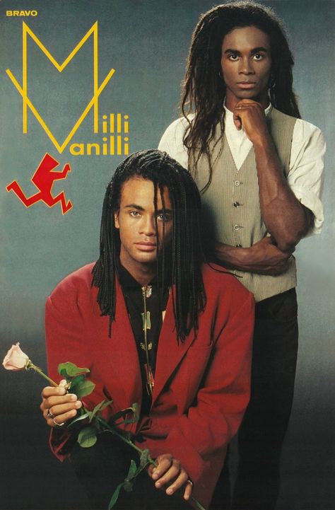 1980s Guys Fashion, Milli Vanilli Costume, Millie Vanillie, Mixed Actors, Romantic Playlist, Playlist Art, Milli Vanilli, Europe Band, Musician Photography