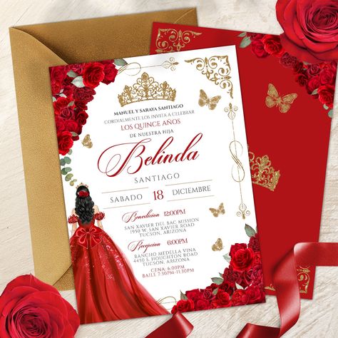 Elegant Red Rose Quinceanera, Luxe Red and Gold Butterfly Birthday Invite, Red & Gold Butterfly Floral Quinceañera Invitation Template V2 Invitations Quinceanera, Quinceañera Invitation, Quinceanera Invitation, Gold Tiara, Invitation Floral, Quinceanera Invitations, Butterfly Birthday, Rose Rouge, Colored Envelopes