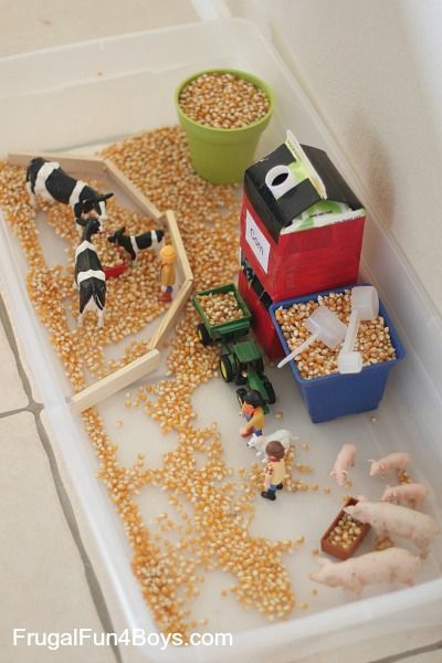 Farm Sensory Play for Preschoolers - An orange juice container makes a simple grain silo that really loads corn into a toy tractor! Farm Sensory Play, Farm Sensory, Farm Sensory Bin, Farm Theme Preschool, Farm Preschool, Play Activity, Farm Activities, Farm Crafts, Sensory Table