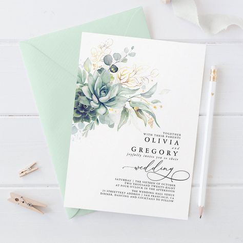 Eucalyptus Greenery Succulents and Gold Wedding Invitation Boho Greenery Wedding, Succulents Wedding, Succulent Wedding Invitations, Elegant Engagement Party, Rose Gold Wedding Invitations, Gold Wedding Invitation, Foil Wedding Invitations, Wedding Invitations Romantic, Eucalyptus Greenery