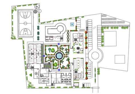 Ground Floor Plan Of Sports Club With Landscape Design AutoCAD File; this is the planning of sports club with parking layout plan, landscape design, water body design, furniture layout plan, peripheral big trees, football court, and much more other details, its a CAD file format. Landscape Ideas School, Courtyard Design Plan Landscape, School Floor Plan Layout, Sport Complex Architecture Plan, Sport Club Architecture, Sports Complex Plan, Water Body Design, Parking Layout Plan, Sports Complex Design Concept