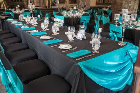 Black & teal wedding- Ottawa Wedding www.rsvp-events.ca Turquoise White And Silver Wedding, Teal Wedding Ideas Turquoise, Teal And Grey Wedding, Black Tables, Teal Napkins, Teal Wedding Colors, Chair Ties, Ottawa Wedding, Teal Wedding