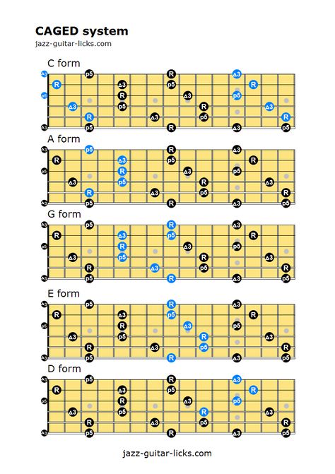 CAGED system for guitar Pentatonic Scale Guitar, Caged System, Guitar Scales Charts, Guitar Chords And Scales, Learn Guitar Chords, Music Theory Guitar, Guitar Fretboard, Guitar Chords For Songs, Guitar Chord Chart