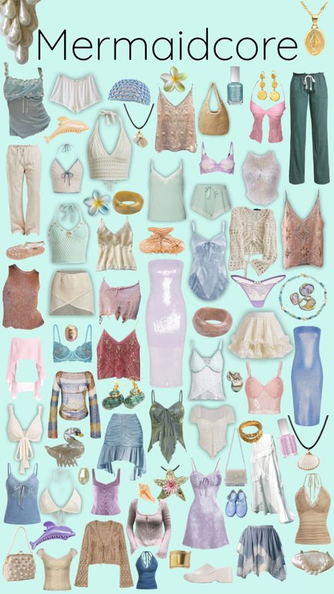 Mermaidcore closet aesthetic y2k outfit ideas #trendy #mermaid #mermaidcore #y2k #y2kfashion #outfits #beach #beachgirl Mermaid Y2k Aesthetic, Mermaid Asethic Outfit, Mermaid Outfit Inspo Aesthetic, Mermaid Core Dress Short, Casual Mermaidcore Outfit, Mermaid Aesthetic Outfit Winter, Mermaid Aesthetic Bikinis, Mermaid Aesthetic Fashion, Sea Witch Clothes