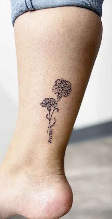 Carnation Tattoo Ankle, Simple Carnation Tattoo Outline, Carnation Ankle Tattoo, Carnation Tattoo With Name, Black Carnation Tattoo, Carnation And Aster Flower Tattoo, Dianthus Tattoo, January Carnation Tattoo, Fine Line Carnation Tattoo