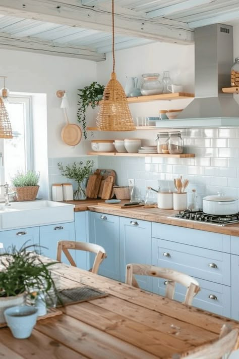 20 Splendid Ideas For Blue Kitchens In 2024 | The Olive Branch Nest Baby Blue Kitchen Ideas, Blue And Cream Kitchen Ideas, Blue And Cream Kitchen, Dark Blue Kitchen Cabinets, Light Blue Kitchen, Beach Cottage Kitchens, Richmond House, Granny Cottage, Blue Kitchen Designs