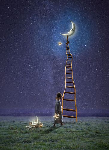 Star Keeper | by Cat Girl 007 Soyut Sanat Tabloları, A Ladder, Moon Photography, Girl Posters, Stars At Night, Moon Art, Girls Dream, All Poster, Pics Art