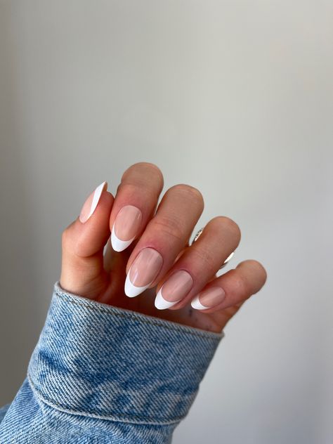 Timeless French tip nails from The Nailest | short almond shaped press-on nails | curved modern trendy French tip | simple, subtle, versatile, minimalist nail ideas | neutral, nude, white nails | aesthetic nail inspo, art, and designs | wedding, everyday, year round nails | easy, affordable DIY at home nails | acrylic gel nail salon dupe Nude White Nails, White Nails Aesthetic, Nail Ideas Neutral, Nails Curved, French Tip Simple, Short French Tip, Short French Tip Nails, Short French, Aesthetic Nail