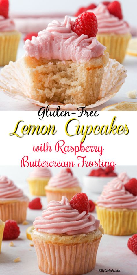 Gluten-Free Lemon Cupcakes with Raspberry Frosting | thetickledtastebud Gluten Free Lemon Raspberry Cupcakes, Flavored Buttercream Frosting, Gluten Free Lemon Cupcakes, Gluten Free Icing, Thm Cookies, Gluten Free Frosting, Gluten Free Cupcake Recipe, Gf Treats, Lemon And Raspberry