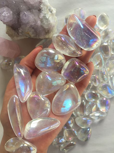 Beautiful Aura, Extra Petite, Crystal Aesthetic, Angel Aura Quartz, Angel Aura, Minerals And Gemstones, Clear Stone, Aura Quartz, Tumbled Stones