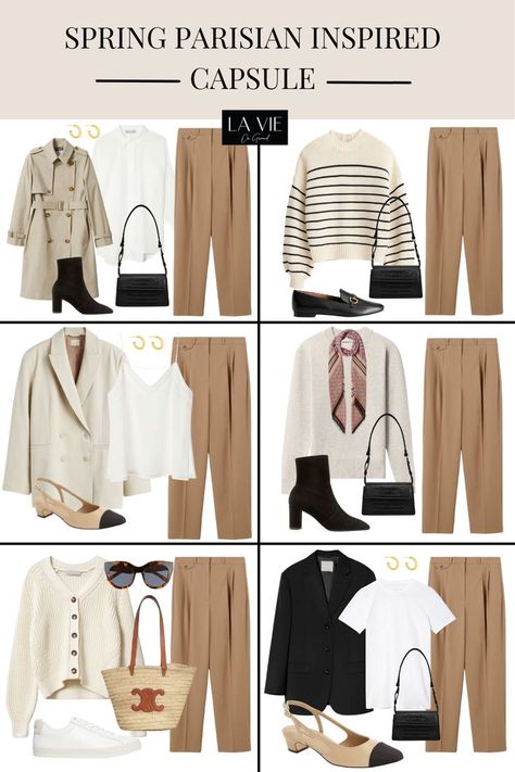 graphic of 6 different outfits to wear in spring Spring Capsule Outfits 2023, Mix And Match Fashion Style, Classic European Outfits, Mix And Match Capsule Wardrobe, French Countryside Style Fashion, Parisian Autumn Outfit, Mix And Match Office Outfits, Sandwich Rule Outfit Ideas, Capsule Business Casual Wardrobe