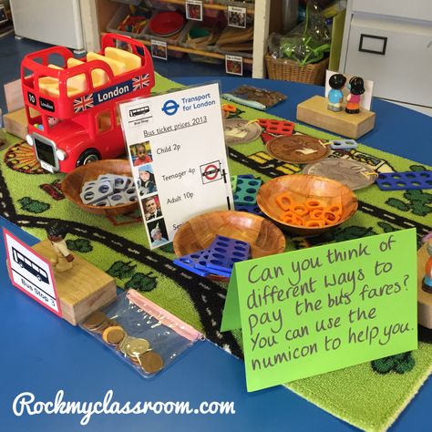 This bus game was set out for parents morning this week. The chn had to think of various ways to pay the bus fare and use the numicon as a support tool. Bright Lights Big City Ks1, Eyfs Transport, Bus Activities, Reception Maths, Eyfs Curriculum, Maths Eyfs, Year 1 Maths, London Activities, Early Years Maths