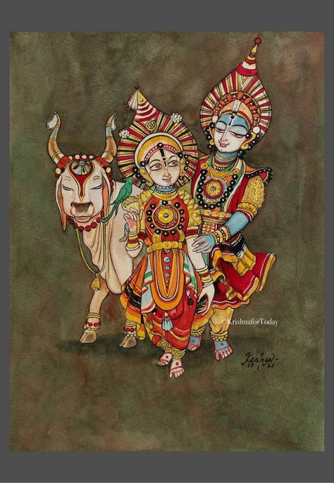 Andal Krishna (based on Srikrishnadevaraya’s composition on Andal, ‘Aamuktamalyada’, adapted in Yakshagana, a popular folk dance of Karnataka.) #krishnafortoday Tanjore Krishna Paintings, Karnataka Folk Art Painting, Radha Krishna Kalamkari Painting, Yakshagana Painting On Canvas, Karnataka Painting, Yakshagana Drawing, Yakshagana Painting, Krishna For Today, Kalamkari Painting