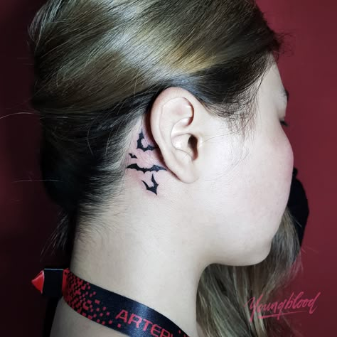 Bats Tattoo Behind Ear, Goth Behind Ear Tattoo, Behind The Ear Bat Tattoo, Bats Behind Ear Tattoo, Bat Behind Ear Tattoo, Bat Ear Tattoo, Bat Tattoo Behind Ear, Bat Tattoos, Grace Tattoos