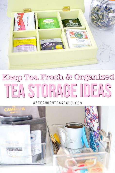 two photos - top photo: a tea box with tea bags inside. Bottom photo: 2 plastic containers on a shelf. One container has tea accessories the second has a lot of tea bags inside Tea Storage Ideas, Tea Organization Storage, Ways To Stay Organized, Tea Organization, Tea Station, Tea Reading, Tea Storage, Best Tea, Stay Fresh