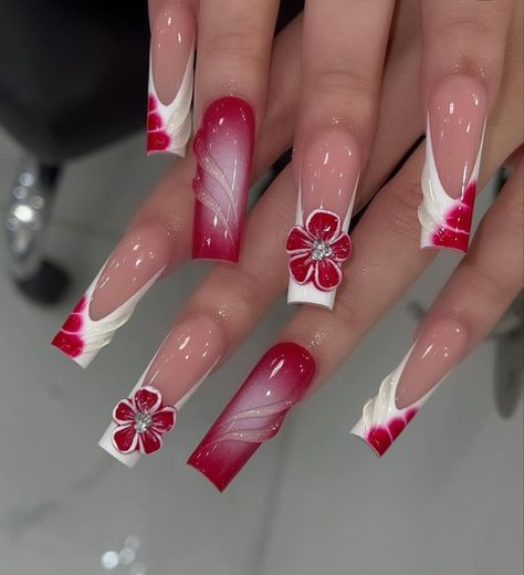 Red And White Nails Acrylic, Floral Design Nails, White And Red Nails, 3d Floral Nails, Nails Feminine, Nails Red And White, Red Nails Inspo, Square Nails Long, Aesthetics Nails