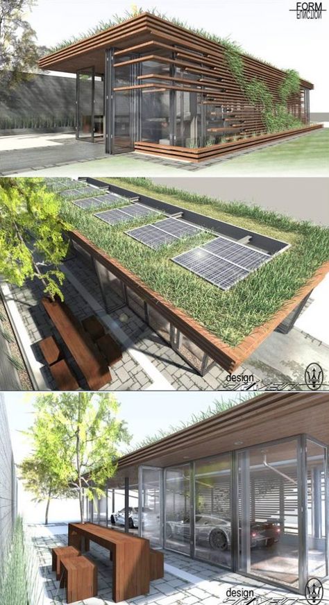 This garage is environmental friendly with the grass and solar panels on its roof. Roof Architecture, Building Roof, Green Architecture, Medical Technology, Garage Design, Eco House, Roof Garden, Sustainable Architecture, Roof Design