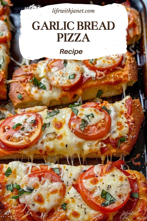 Garlic Bread Pizza Garlic Flatbread Pizza, Recipes With French Bread, Recipes Garlic Bread, Cassarole Meals, Pizza Accessories, Pizza Topping Ideas, Cafeteria Aesthetic, Roasted Garlic Butter, Garlic Bread Pizza