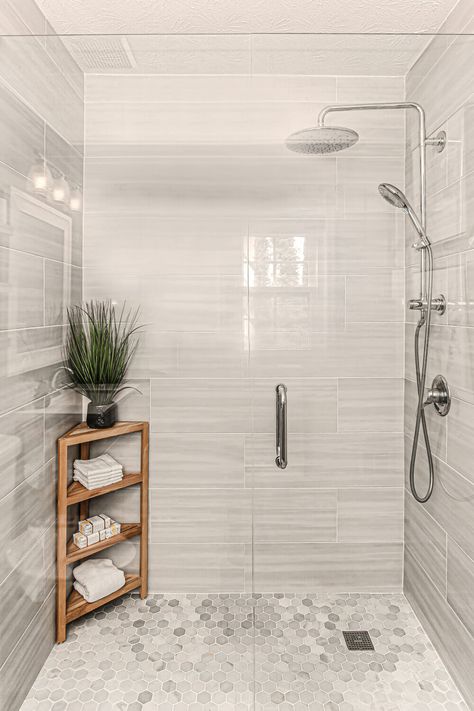 Shower Tile Ideas Small Bathroom, Master Bath Ideas With White Cabinets, Bathroom Tile Remodel On A Budget, Tile Shower On A Budget, Modern Bathroom Remodel Ideas Tile, White Tile Showers Ideas, White Shower Ideas Bathroom, Tile On Wall In Bathroom, Bathroom Tile Matte