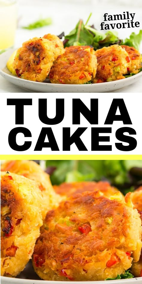 collage of two closeup images of freshly cooked tuna cakes Tuna Fish Cakes Recipe, Tuna Fish Cakes Recipe Easy, Tuna Cutlets Recipes, Tuna Ball, Tuna Fritters Recipe, Tuna Cakes Recipe Easy, Tuna Fish Patties, Tuna Recipes Canned Easy, Crispy Tuna Patties