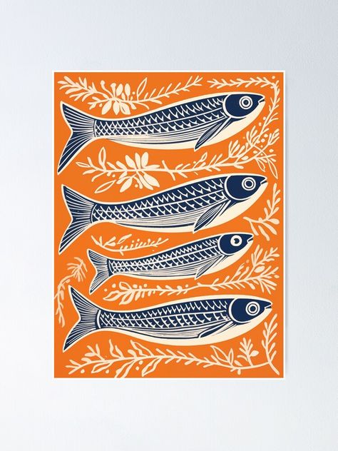 "Danish Woodcut Linocut Sardine Fish Print" Poster for Sale by Katherine Keenan Fish Screen Print, Fish Poster Design Ideas, Art Nouveau Fish, Linocut Poster, Linocut Tattoo, Lino Print Pattern, Sardine Fish, Folk Art Fish, Screen Printing Art