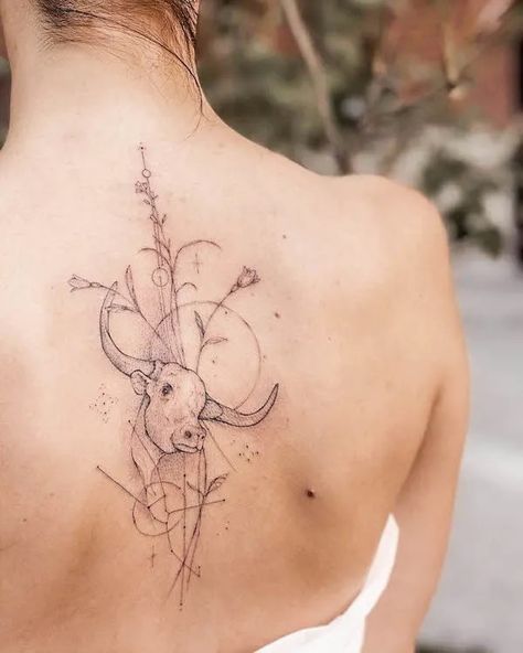 Taurus Animal Tattoo, Feminine Bull Tattoo Taurus, Bull Tattoo Feminine Taurus, Taurus Spine Tattoo, Taurus Back Tattoo, Bull Tattoo Feminine, Tattoo Taurus, Taurus Bull Tattoos, Bull Skull Tattoos