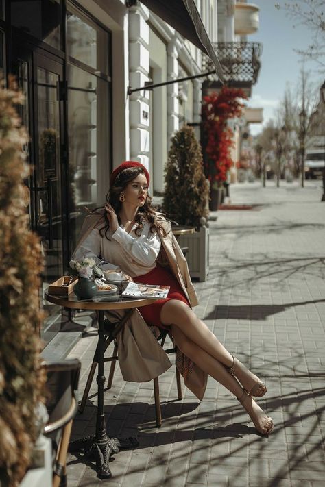 A candid photo of an elegant woman in a white blouse, black skirt, and brown coat, sitting gracefully. 1950 Fashion Photography, London Fashion Photoshoot, Old Money Style Photoshoot, White Skirt Old Money, Italy Outfits Fall Street Styles, French Old Money Aesthetic, French Photoshoot, French Old Money, White Blouse Black Skirt