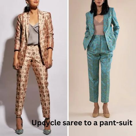 what is repurposing or upcycling of a saree and how will you upcycle | Medium Blazer From Saree, Saree Blazer Suit, Indian Outfit With Blazer, Saree Upcycle Ideas, Upcycled Saree Outfits, Upcycle Saree Into Dress, Saree Repurpose, Upcycling Sarees, How To Style Saree With Blazer