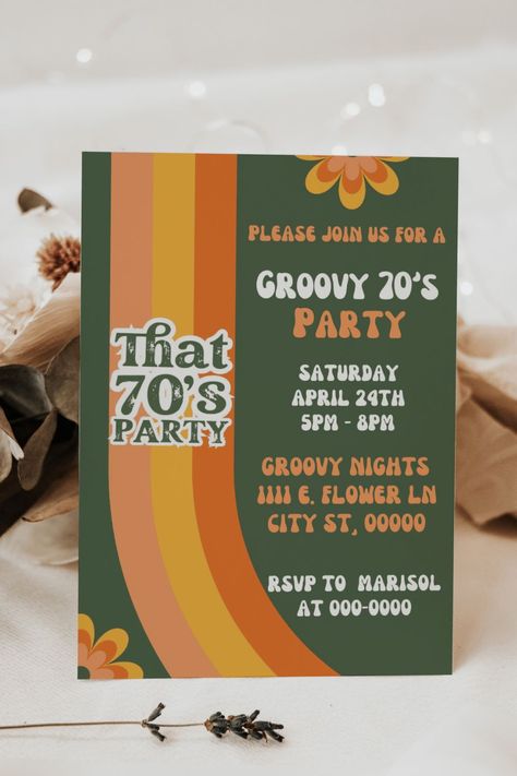 Retro 70's Party invitation. This 70's party invitation is minimalist yet trendy. Editable, printable template. Step into a world of, nostalgia, and non-stop fun with our groovy 70's Party Invitation! Perfect for birthdays or any 70's-themed extravaganza, this 5x7 template on Canva is your ticket to a blast from the past. 75th Birthday Invitations, 70s Theme Party, 70's Party, 70s Party, 75th Birthday, Adult Birthday Party, Retro Party, Good Times Roll, Some Text