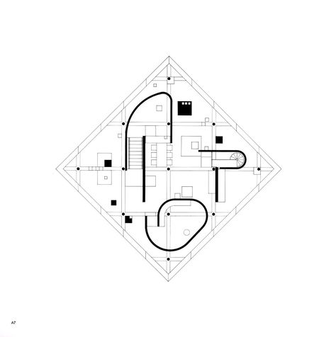 In 1962 architect and educator John Hejduk (1929-2000) started a six-year investigation on the architectural implications of the "diamond configuration": a forty-five-degree rotation of bounding elements relative to an orthogonal system. The exhibition of drawings and models held at The... John Hejduk, Diamond House, Moore House, Perspective Drawing Architecture, Villa Plan, Architecture Collage, Plan Drawing, Architectural Drawing, House Architecture