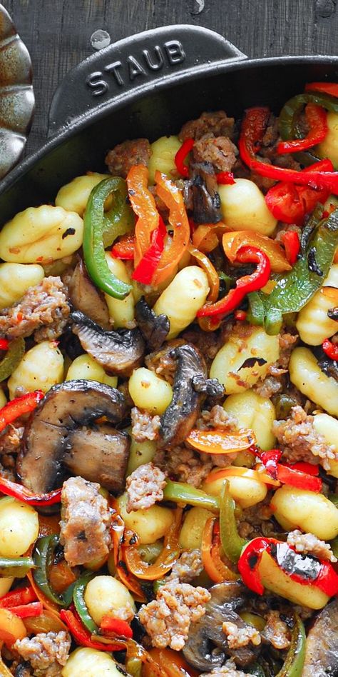 Italian Sausage Gnocchi with Mushrooms and Bell Peppers is an easy 30-minute ONE-PAN weeknight meal made with only 5 ingredients! It's a DAIRY-FREE recipe packed with vegetables and protein. You can easily make it GLUTEN-FREE using GF gnocchi. This recipe works great for all kinds of gnocchi: shelf-stable, refrigerated, cauliflower gnocchi, or homemade ones. Gf Gnocchi, Italian Sausage Gnocchi, Gnocchi With Mushrooms, Sausage Gnocchi, Dairy Free Pasta Recipes, Simple Spinach Salad, Spicy Italian Sausage, Cauliflower Gnocchi, Dairy Free Pasta