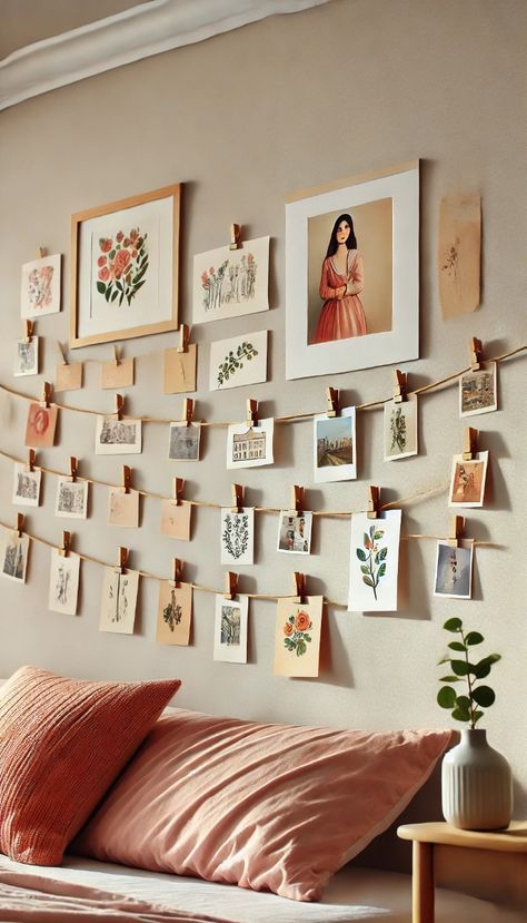 Discover how to elevate your home decor with these 21 innovative and stylish DIY wall projects.
---
A creative DIY wall decor idea featuring a photo clip string. The string is hung across the wall with small clips holding various photos, postcards, and small artworks. This simple yet personal display adds a charming and intimate touch to the room, perfect for a bedroom or living space. Ways To Display Pictures In Bedroom, Decorating With Polaroids, Postcard Display Ideas, Postcard Display Wall, Chalkboard Wall Calendars, Polaroid Display, Diy Wall Decor Ideas, Postcard Display, Paper Flower Wall Art