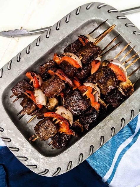 Marinated Beef Kabobs | Steak Kabobs Recipe Beef Marinade Recipe, Bbq Pork Steaks, Marinated Beef Kabobs, Grilled Beef Kabobs, Marinated Steak Kabobs, Beef Kabob Marinade, Kabob Marinade, Beef Kabob Recipes, Steak Skewers