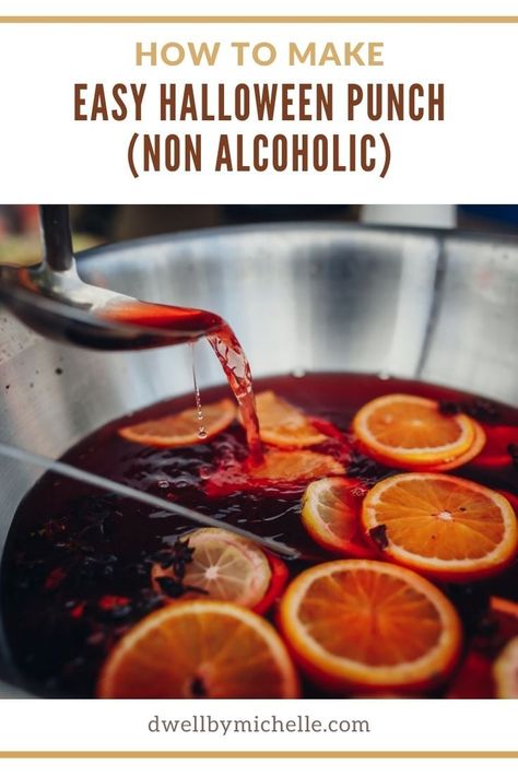 Easy Halloween Punch Recipe (Non Alcoholic) - DWELL by michelle Punch Recipe Non Alcoholic, Easy Halloween Punch, Halloween Punch Bowl, Halloween Party Punch, Halloween Alcohol, Halloween Themed Drinks, Halloween Punch Recipes, Alcoholic Punch Recipes, Halloween Party Drinks