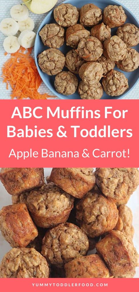 Do you want a healthy easy snack for your baby? Amazing Baby ABC Muffins made with fresh fruits and veggies! Babies, toddlers, and kids love them and they are a healthy snack that is perfect for little ones when they are hungry. You can make them ahead and they travel well in the car and on trips. These Baby ABC Muffins are an excellent source of nutrients plus chewy and scrumptious. Easy to make and a great finger-food recipe for kids. Blw Carrot Muffins, Healthy Snacks For Infants, Parade Food Snacks, Healthy Snacks For 10 Month Old, 13 Month Old Snack Ideas, Healthy Snacks With Veggies, Healthy Snacks For 12 Month Old, Healthy Meals For 1 Year Baby, 12 Month Meal Ideas