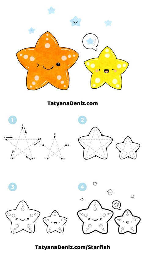 How to draw a cute kawaii starfish in 4 simple steps. Easy to follow step-by-step tutorial by Tatyana Deniz. Starfish Drawing, Trin For Trin Tegning, Draw Kawaii, Doodle Art For Beginners, Doodle Art Journals, Mermaid Drawings, Easy Drawings For Kids, Easy Doodle Art, Easy Doodles Drawings