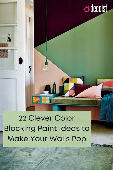 Color Blocked Painting, 3 Color Room Paint Ideas, Color Blocking On Walls, Color Block Painting Walls Living Room, Block Painted Walls, Blocks Of Colour On Walls, Color Block Painting Walls Bedroom, Modern Color Block Wall, Color Block Behind Tv