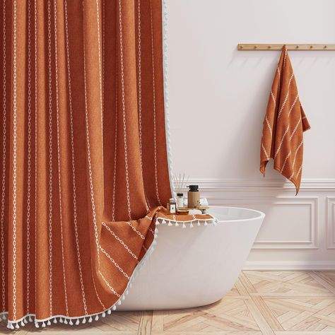 PRICES MAY VARY. 🛁【Boho Farmhouse Style with Tassel】: This shower curtain features a unique combination of bohemian and farmhouse style, with a 3D embroidery stripe design and tassels on three sides. The elegant and country style adds a touch of luxury to your bathroom and creates a beautiful aesthetic. This decorative shower curtain will elevate your bathing experience, allowing you to enjoy a luxurious hotel-like bath in the comfort of your own home. 🛁【Premium Linen Blend Fabric】: This boho Shower Curtain Western, Boho Farmhouse Shower Curtain, Shower Curtain White Bathroom, Fall Bathroom Shower Curtain, Earth Tone Shower Curtain, Southwestern Style Bathroom, Linen Shower Curtains, Mustard Yellow Shower Curtain, Mid Century Modern Bathroom Shower Curtain