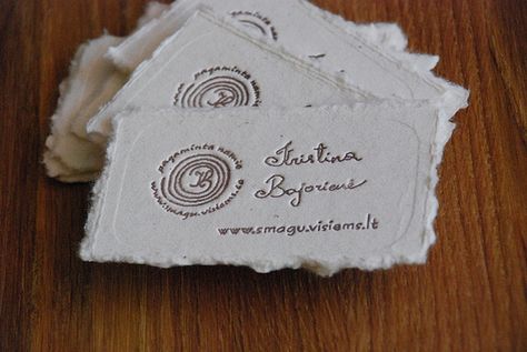 homemade business card by :magic: handmade paper, letterpress...maybe an embosser would create similar effect Letterpress Business Card Design, Round Business Cards, Handmade Business Cards, Homemade Business, Wooden Business Card, Plastic Business Cards, Clever Business Cards, Unique Business Cards Design, Fashion Business Cards