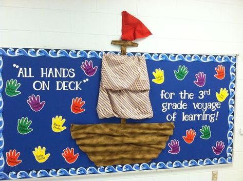 All Hands on Deck bulletin board Ship Bulletin Board Ideas, Nautical School Theme, Boat Bulletin Board, Pirate Bulletin Board Ideas, Sailing Bulletin Board, Pirate Bulletin Boards, Nautical Bulletin Boards, Welcome Bulletin Board, Pirate Theme Classroom