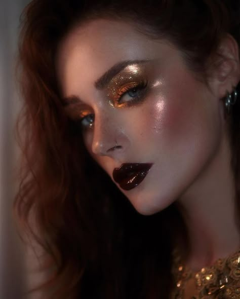 Stars On Cheeks Makeup, Dark Glitter Makeup, Celestial Makeup Looks, Katie Herron, Persephone Makeup, Glittery Makeup Looks, Haute Couture Makeup, Celestial Makeup, Glittery Makeup