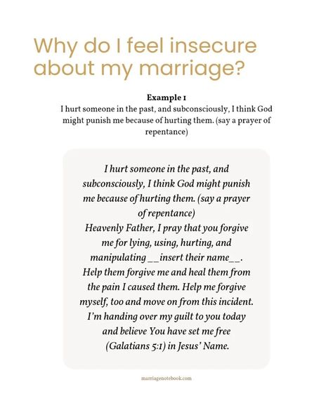 If you feel insecure in your marriage, use the following prayer points: ✓ Pray over insecurities carried from past relationships ✓ Pray over insecurities carried from childhood ✓ Pray over limiting beliefs about marriage --- These prayer points are in a downloadable workbook, print and bind for ease of use. 🔽 You can get the 7-day Prayer Prompts For Marriage Healing: Wife Prayer Guide from marriagebotebook.com/shop or the 🔗 link in my bio ⤴️ ____ #prayerpoint #christianwifelife #marr... How To Heal Insecurities, Wife Prayer, Prayer For My Marriage, Prayer Prompts, Prayer For Wife, Prayer For Forgiveness, Prayer Guide, Prayer Points, Feeling Insecure