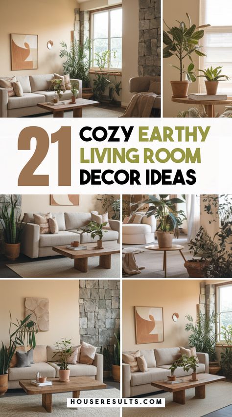 Bring the beauty of nature indoors with cozy earthy living room decor ideas! 🌍🪴 From plush rugs to green plants, discover simple ways to create a warm and tranquil environment. Save this pin to start your home makeover! 📌✨ Good Living Room Colors Cozy, Green Gray And Brown Living Room, Decorating With Earth Tones, Earthy Transitional Living Room, Rustic Earthy Living Room, Earthy Color Living Room, Earthy Natural Home Decor, Modern Cozy Living Room Ideas, Earthy Cozy Living Room