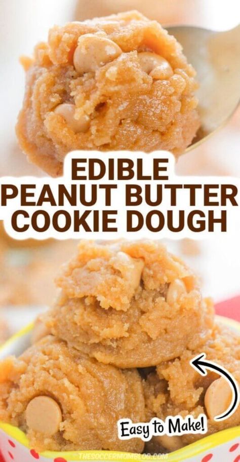 Learn how to make this delicious edible peanut butter cookie dough from the Soccer Mom Blog! This dessert recipe is so easy to make and amazing. It is a delicious treat for cookie dough-lovers and it is safe! Try making your own edible cookie dough this summer. Dessert Recipes With Butter, Edible Peanut Butter Cookie Dough Recipe, Cookie Batter Recipe, Peanut Butter Cookie Dough Recipe, Safe To Eat Cookie Dough, Edible Peanut Butter Cookie Dough, Peanut Butter Cookie Dough Dip, Edible Dough, Edible Sugar Cookie Dough