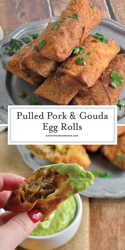 Pulled Pork and Gouda Egg Rolls - The Country Cook. Savory Egg Rolls, Pulled Pork Egg Rolls, Egg Roll Wraps, Pork Wraps, Homemade Egg Rolls, Pork Egg Rolls, Crispy Egg, Chicken Spring Rolls, Smoked Gouda Cheese