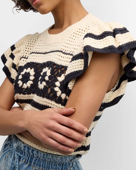 Penelope Flutter-Sleeve Crochet Blouse | Neiman Marcus Crochet Bob, Crocheting Inspiration, Knitwear Trends, Sleeve Crochet, Crochet Clothes For Women, Crochet Inspo, Crochet Fall, Knitted Wit, Easy Knitting Patterns